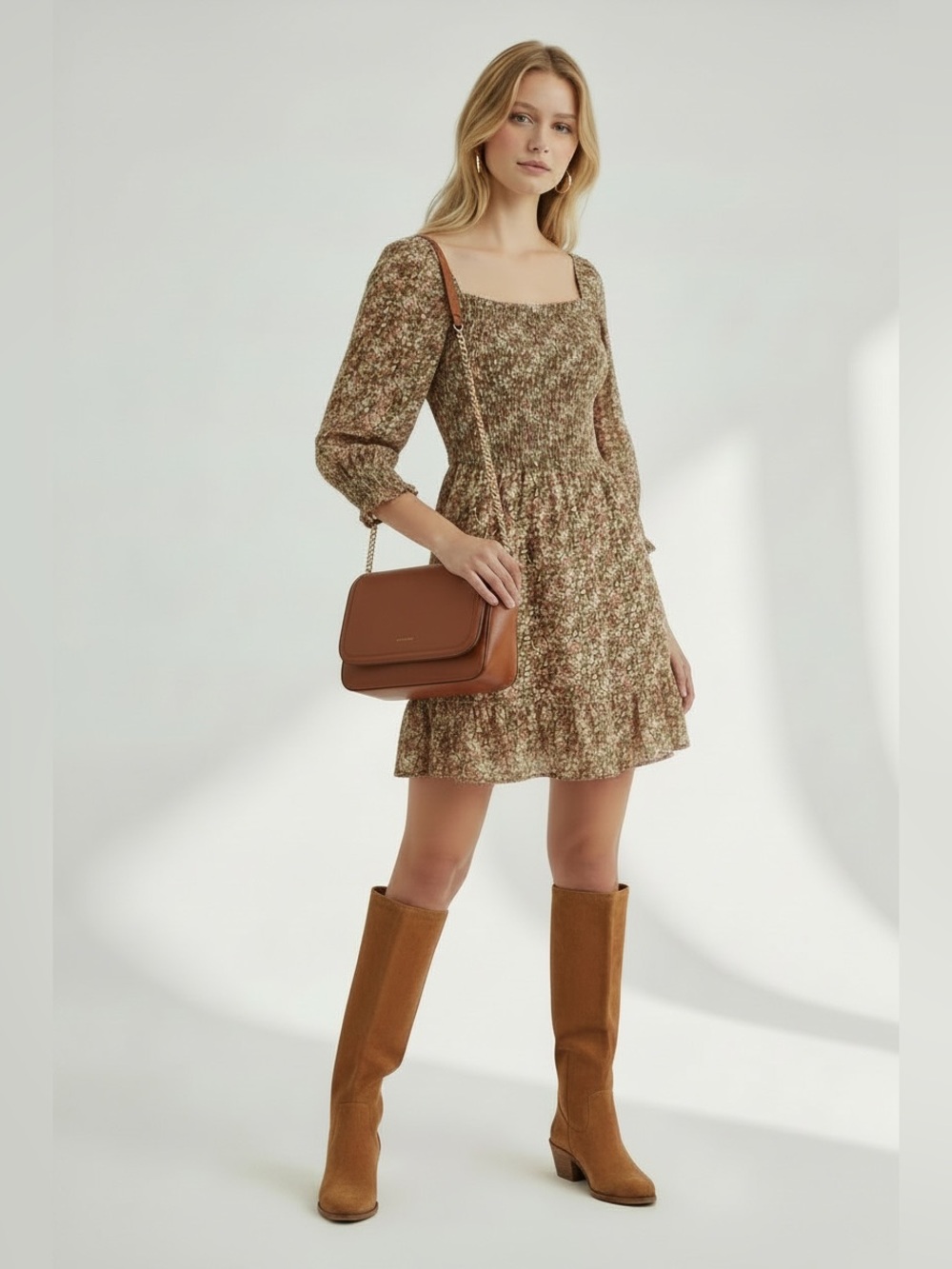 Floral Smocked Mini Dress in Brown